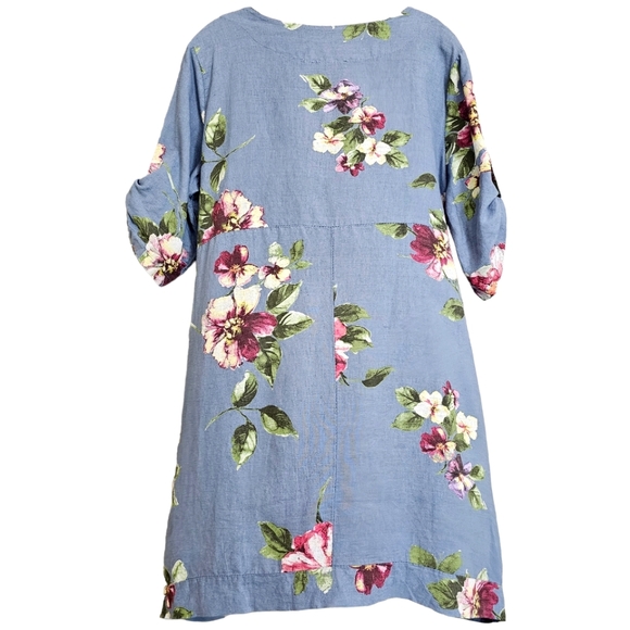 Nwot Vasna Italian Blue w/Pink Floral Linen Boxy  3/4 Sleeve Pockets Shi… - Picture 12 of 16